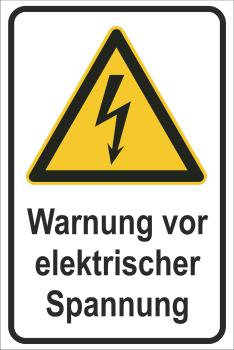 Kombischild Dibond mit Symbol Gelb und Text Schwarz nach DIN ISO 7010 Warnung vor elektrischer Spannung